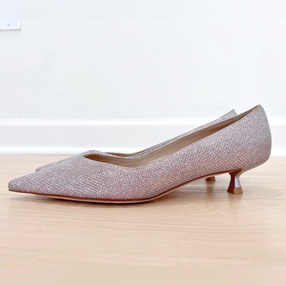 Stuart Weitzman Eva 35 Kitten Heel Metallic Mesh Pump Rose Pink Pointed Toe 6B